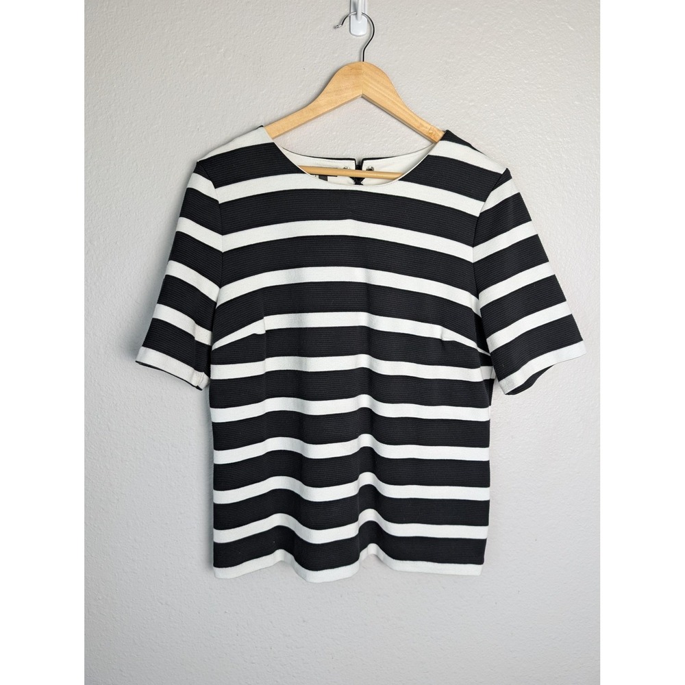 Talbots Blouse Womens L Black Striped Crew Neck Short Sleeve Lace Up Knit Basic